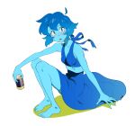  1girl barefoot blue_eyes blue_hair blue_sarong blue_skin blush can colored_skin commentary_request crop_top drunk highres holding holding_can lapis_lazuli_(steven_universe) looking_at_viewer nano8 open_mouth sarong short_hair signature simple_background solo steven_universe white_background 