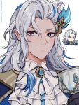  1boy ascot brooch chalice chibi commentary cup genshin_impact grey_hair hair_ornament highres holding holding_cup jewelry long_hair looking_at_viewer male_focus multiple_views neuvillette_(genshin_impact) pointy_ears purple_eyes smile upper_body vickie_(cryingrobot) white_ascot 