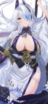  1girl absurdres azur_lane blue_butterfly breasts bug butterfly cleavage hair_over_one_eye highres japanese_clothes large_breasts long_hair looking_at_viewer minestrone_takizawa multicolored_hair purple_eyes simple_background solo streaked_hair sword thigh_strap thighs unzen_(azur_lane) very_long_hair weapon white_hair 