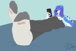  absurd_res anthro bed canid canine cellphone clothing conner_killroy feet footwear furniture hi_res lying male mammal phone smartphone socks solo 