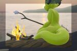  2023 3d_(artwork) absurd_res anthro beach blender_(software) blender_eevee brown_horn burning campfire candy dessert digital_media_(artwork) draconic draconickobold female fire food green_body green_scales hi_res horn huge_filesize kobold markings marshmallow nude scales scalie sea seaside sitting sitting_on_log solo sun sunset tail water 