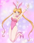  1girl animal_ears bishoujo_senshi_sailor_moon blonde_hair blue_eyes breasts commission covered_nipples full_body happy legs leotard nipples open_mouth pink_background pink_footwear playboy_bunny rabbit_ears rabbit_tail sailor_moon saotome_nanda simple_background solo tail tsukino_usagi 