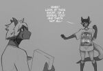  anthro clothed clothing dialogue dragon duo english_text female hi_res male monochrome scalie shirt teaspoon text topwear 