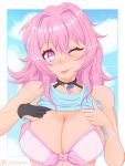  1girl ;) ;p absurdres bare_arms bare_shoulders black_gloves blue_eyes blue_sky blush bra breasts cleavage cloud commentary day gloves hair_between_eyes highres honkai:_star_rail honkai_(series) large_breasts looking_at_viewer march_7th_(honkai:_star_rail) medium_hair nose_blush one_eye_closed pink_bra pink_eyes pink_hair sekhema_(sekhema_art) single_glove sky smile solo tongue tongue_out two-tone_eyes underwear upper_body 