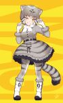  1girl animal_ears animal_print blush boots bow bowtie cat_ears cat_girl cat_print cat_tail claw_pose clenched_teeth frilled_skirt frills full_body fur_trim gloves grey_hair grey_skirt grey_sweater grin hatagaya high-waist_skirt kemono_friends long_sleeves pallas&#039;s_cat_(kemono_friends) short_hair skirt smile solo sweater tail teeth uneven_eyes white_bow white_bowtie white_gloves winter_clothes yellow_eyes 
