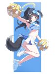  1girl absurdres animal_ears arm_up armpits ass bare_shoulders berrycheetah black_hair blue_archive blue_eyes blush breasts cheerleader crop_top dog_ears dog_girl dog_tail eyewear_on_head full_body goggles goggles_on_head halo hibiki_(blue_archive) hibiki_(cheer_squad)_(blue_archive) highres holding holding_pom_poms jumping long_hair looking_at_viewer medium_breasts midair midriff millennium_cheerleader_outfit_(blue_archive) miniskirt navel official_alternate_costume open_mouth pom_pom_(cheerleading) shirt shoes simple_background skirt sleeveless smile sneakers socks solo sticker_on_face stomach tail text_print wavy_mouth white_footwear white_skirt yellow_halo 