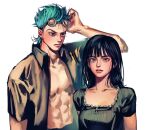  1boy 1girl abs absurdres aged_down black_eyes black_hair blue_eyes blue_hair blunt_bangs closed_mouth franky_(one_piece) goggles goggles_on_head highres long_hair looking_at_viewer nico_robin one_piece onigirimayora open_clothes realistic short_hair simple_background spiked_hair white_background 