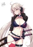  1girl ahoge bikini black_bikini black_gloves black_jacket blush breasts choker cleavage cropped_jacket fate/grand_order fate_(series) gloves grey_hair hair_between_eyes highres jacket jeanne_d&#039;arc_alter_(fate) jeanne_d&#039;arc_alter_(swimsuit_berserker)_(fate) katana kobayashi_macchan large_breasts long_hair looking_at_viewer multiple_swords navel o-ring o-ring_bikini o-ring_bottom o-ring_top red_thighhighs shrug_(clothing) single_thighhigh solo swimsuit sword thighhighs very_long_hair weapon white_background yellow_eyes 