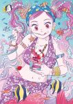  1girl bikini collarbone floral_print food headband hibiscus_print highres ice_cream long_hair mermaid monster_girl non417 ocean original parfait print_sarong purple_bikini purple_hair purple_sarong red_eyes sarong solo summer swimsuit tongue tongue_out tropical_fish underwater 