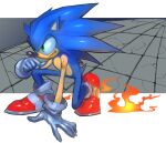  1boy absurdres animal_nose blue_fur dakusuta fire furry furry_male gloves green_eyes hedgehog hedgehog_ears hedgehog_tail highres male_focus red_footwear solo sonic_(series) sonic_the_hedgehog white_gloves 