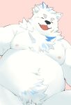  anthro belly belly_tuft blush canid canine canis domestic_dog eyebrows eyes_closed fupa fur hi_res jinnai lifewonders live_a_hero male mammal moobs navel nipples nordic_sled_dog nude overweight samoyed solo spitz thick_eyebrows tuft white_body white_fur yohack 