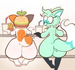  anthro big_butt butt canid canine cheezborger_(chikn_nuggit) chikn_nuggit duo felid feline female food fox kaboozey mammal nude public slushi_(chikn_nuggit) 