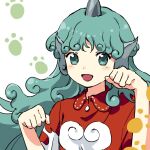  1girl blush cloud_print collared_shirt curly_hair green_eyes green_hair horns kaigen_1025 kariyushi_shirt komano_aunn long_hair looking_at_viewer open_mouth paw_print red_shirt shirt short_sleeves simple_background single_horn smile solo touhou upper_body white_background 