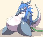  2020 anthro belly big_belly big_hair biped blue_body blue_ears blue_hair blue_horn blue_tail blush blush_lines chest_tuft dragon female hage hair hi_res horn huge_thighs long_hair multicolored_body navel open_mouth purple_eyes solo tail thick_thighs tuft two_tone_body two_tone_tail white_body white_ears 