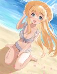  1girl beach between_legs bikini blonde_hair blue_eyes collarbone etsutsuni front-tie_bikini_top front-tie_top hair_between_eyes hand_between_legs hat highres indie_virtual_youtuber long_hair looking_at_viewer nanami_yuki_(vtuber) open_mouth sitting smile straw_hat swimsuit very_long_hair virtual_youtuber wariza white_bikini 