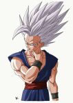  1boy blue_jumpsuit character_request dragon_ball highres jumpsuit kakeru_(dbskakeru) looking_at_viewer red_eyes simple_background sleeveless solo spiked_hair toriyama_akira_(style) upper_body white_background white_hair 