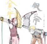  1boy 1girl :i armpits axe battle_axe bike_shorts black_gloves black_shorts blonde_hair blue_eyes buckle character_name collared_shirt facial_mark forehead_protector gloves hand_on_own_hip haruno_sakura highres holding holding_axe huge_weapon looking_at_viewer naruto_(series) naruto_shippuuden narutop99_(2023) nikuyayoi orange_sweater_vest over_shoulder pink_hair pink_skirt pout red_shirt shirt short_hair shorts sideways_glance sketch skirt skirt_cutout sleeveless sleeveless_shirt spiked_hair sweater_vest translation_request uzumaki_naruto weapon weapon_over_shoulder whisker_markings zipper 