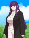  1girl black_coat blue_sky breasts cloud cloudy_sky coat day dress erkaz expressionless fern_(sousou_no_frieren) grass highres large_breasts long_sleeves looking_at_viewer outdoors purple_eyes purple_hair purple_pupils sky solo sousou_no_frieren upper_body white_dress 