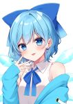  1girl absurdres blue_bow blue_eyes blue_hair blue_jacket blush bow cirno closed_mouth collared_shirt fairy hair_bow highres ice ice_wings jacket shinonome_asu shirt short_hair sleeveless sleeveless_shirt smile solo tongue tongue_out touhou twitter_username upper_body white_shirt wings 