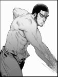  1boy abs anger_vein angry bara chest_hair facial_hair golden_kamuy greyscale highres jo_tuesday19 large_pectorals male_focus monochrome muscular muscular_male navel open_pants pants pectorals short_hair sideburns simple_background solo tanigaki_genjirou topless_male 