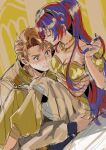  1boy 1girl alear_(female)_(fire_emblem) alear_(fire_emblem) blue_hair blush boucheron_(fire_emblem) breasts brown_hair cleavage closed_eyes closed_mouth couple dc_w48 fire_emblem fire_emblem_engage green_eyes highres holding jewelry long_hair multicolored_hair necklace ponytail red_hair short_hair sleeveless two-tone_hair very_long_hair 