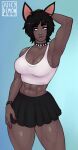  2023 abs animal_humanoid black_hair bottomwear breasts brown_body cat_humanoid choker cleavage clothed clothing felid felid_humanoid feline feline_humanoid female hair hi_res humanoid jewelry juicydemon looking_aside mammal mammal_humanoid necklace simple_background skirt solo spiked_choker 