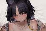  1boy 1girl absurdres animal_ears arknights black_hair blush clenched_teeth closed_eyes collarbone highres holding_hands implied_sex interlocked_fingers long_hair lying nude on_back saga_(arknights) tab_head teeth upper_body 