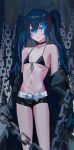  1girl abi_(user_nzav7333) absurdres bare_legs belt belt_buckle bikini bikini_top_only black_bikini black_choker black_ribbon black_rock_shooter black_rock_shooter_(character) black_shorts blue_eyes blue_hair blurry blurry_foreground breasts buckle chain choker cleavage collarbone eyebrows_hidden_by_hair flaming_eye front-tie_bikini_top front-tie_top groin hair_between_eyes highres long_hair looking_at_viewer micro_shorts navel parted_lips ribbon scar shorts sideboob small_breasts solo standing swimsuit twintails underboob very_long_hair white_belt 