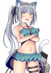  1girl absurdres animal_ear_fluff animal_ears bikini black_ribbon blush breasts cat_ears cat_tail collarbone commentary_request cowboy_shot crossed_arms fang green_bikini grey_hair hair_ribbon highres kantai_collection kasumi_(kancolle) kuromayu long_hair medium_breasts navel open_mouth ribbon side_ponytail simple_background solo swimsuit tail white_background yellow_eyes 