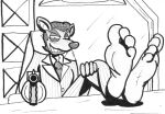  activision anthro barefoot clothing crash_bandicoot_(series) feet foot_fetish gun male monochrome pinstripe_potoroo ranged_weapon raxelmaestro solo suit toes weapon 