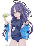  1girl absurdres black_halo blue_archive blue_eyes buruma double-parted_bangs gym_uniform halo highres id_card jacket open_clothes open_jacket purple_hair saekiya_sabou yuuka_(blue_archive) 