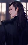  1boy black_eyes black_hair black_suit blurry blurry_background facing_away final_fantasy final_fantasy_vii hair_slicked_back highres indoors long_hair looking_back male_focus nini_tw99 serious solo standing suit tseng window 