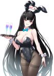  1girl animal_ears black_hair black_leotard blue_archive blunt_bangs blush breasts covered_navel detached_collar fake_animal_ears fake_tail hair_ornament hairclip halo highleg highleg_leotard holding holding_tray large_breasts leotard long_hair looking_at_viewer pantyhose pensuke playboy_bunny rabbit_ears rabbit_tail red_eyes rio_(blue_archive) solo strapless strapless_leotard tail thighband_pantyhose tray very_long_hair wrist_cuffs 