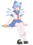  1girl absurdres black_footwear blue_bow blue_eyes blue_hair blue_skirt blue_wings bow cirno feet hair_bow highres ice ice_wings littiecy notebook pantyhose pencil school_uniform shirt shoes single_shoe skirt smile solo toes touhou white_background white_pantyhose white_shirt wings 