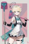  1girl absurdres blonde_hair blue_archive blue_bow blue_eyes bow broom collared_dress dress earpiece elbow_gloves fingerless_gloves gloves halo highres holding holding_broom holding_mop maid_headdress mop mr_tangsuyuk short_hair solo standing thigh_strap thighhighs toki_(blue_archive) white_dress 