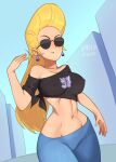  1girl barleyshake black_shirt blonde_hair blue_pants blue_sky covered_nipples cowboy_shot earrings genderswap genderswap_(mtf) hand_up highres jewelry johnny_bravo johnny_bravo_(series) long_hair midriff pants pompadour print_shirt shadow shirt signature sky solo sunglasses tied_shirt 