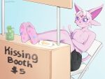  2022 5_toes absurd_res anthro blush bottomwear clothed clothing eeveelution espeon feet foot_focus generation_2_pokemon glazed_(character) hair hi_res humanoid_feet kiss_mark kissing_booth lewdnobu looking_at_viewer male money nintendo plantigrade pokemon pokemon_(species) shorts sitting soles solo toes topless 