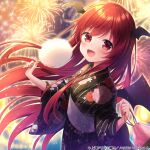  amane_kurumi black_kimono check_translation cotton_candy demon_wings festival fireworks floral_print food head_wings holding holding_food japanese_clothes kimono koakuma lantern long_hair night night_sky official_alternate_costume official_art red_eyes red_hair sidelocks sky smile striped touhou touhou_cannonball translated translation_request vertical_stripes wings yukata 