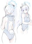  1girl absurdres alternate_costume animal_ears ass backless_leotard blue_archive blue_leotard collarbone cropped_legs ekoru fake_animal_ears fake_tail grey_hair groin halo highres hooded_leotard leotard looking_to_the_side median_furrow miyako_(blue_archive) multiple_views rabbit_ears rabbit_tail shoulder_blades side_ponytail sidelocks simple_background tail white_background 