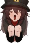  1girl brown_hair chinese_clothes flasso genshin_impact hat highres hu_tao_(genshin_impact) long_sleeves looking_at_viewer open_mouth porkpie_hat red_eyes saliva saliva_trail solo symbol-shaped_pupils tongue tongue_out 