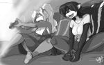  anthro black_and_white black_hair breasts casual_clothing cleavage clothed clothing controller dress duo female game_controller gaming hair hi_res mammal mephitid monochrome motion_lines panicking playing_videogame ponytail shirt shonuff skunk smile story story_in_description sweatpants topwear white_hair 