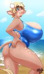  5_fingers anthro artist_logo artist_name beach big_breasts blonde_hair blue_clothing blue_eyes blue_nail_polish blue_nails blue_one-piece_swimsuit bovid bovine breasts brown_body brown_fur bulging_breasts butt cattle cleavage cleavage_overflow clothed clothing cloud colored_nails detailed_background digital_media_(artwork) doodle_dip eyelashes female fingers fur glistening glistening_clothing hair hand_on_butt hi_res huge_breasts logo looking_at_viewer mammal momo_(doodle_dip) multicolored_body multicolored_fur nails one-piece_swimsuit outside pink_nose sand seaside side_boob side_view sky slightly_chubby smile solo spots spotted_back spotted_body spotted_fur spotted_shoulders spotted_thighs standing swimwear tail tail_tuft tan_body tan_fur thick_thighs tuft two_tone_body two_tone_fur water wave 