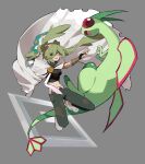  1girl breasts cape closed_eyes dbepd double_bun fangs flygon full_body green_hair grey_background ground_miku_(project_voltage) hair_between_eyes hair_bun hatsune_miku highres long_hair medium_breasts open_mouth orange_eyes orange_hair pants pokemon pokemon_(creature) project_voltage simple_background twintails vocaloid white_cape white_footwear 