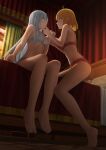  2girls absurdres anisphia_wynn_palettia bare_legs bed blonde_hair bra breasts cleavage euphyllia_magenta eye_contact feet finger_to_another&#039;s_mouth grey_hair highres long_hair looking_at_another multiple_girls panties satyarizqy short_hair sitting tensei_oujo_to_tensai_reijou_no_mahou_kakumei toes underwear very_long_hair window yuri 