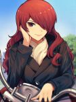  1girl aged_up black_jacket blue_sky blurry blurry_background brown_eyes closed_mouth commentary english_commentary eyebrows_hidden_by_hair hair_over_one_eye hand_on_own_cheek hand_on_own_face hand_up highres jacket kirijou_mitsuru kuki_tan lips long_hair looking_at_viewer motor_vehicle motorcycle outdoors persona persona_3 red_hair sidelocks sky smile solo straight-on upper_body v-shaped_eyebrows wavy_hair 