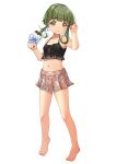  1girl absurdres barefoot bikini bikini_skirt blunt_bangs bob_cut breasts brown_eyes floral_print food full_body green_hair highres kantai_collection looking_at_viewer midriff mismatched_bikini navel official_alternate_costume pink_skirt pleated_skirt shaved_ice short_hair short_hair_with_long_locks sidelocks simple_background skirt sky small_breasts solo standing swimsuit takanami_(kancolle) takanami_kai_ni_(kancolle) white_background yashin_(yasinz) 