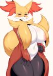  2023 anthro areola big_breasts black_body black_fur blush breasts delphox female fur generation_6_pokemon hi_res huge_breasts looking_at_viewer nintendo pink_areola pokemon pokemon_(species) simple_background smile solo tailzkim white_background white_body white_fur 