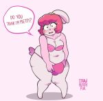  anthro big_bulge blush bra breasts bulge clothing dialogue english_text gynomorph hi_res intersex lagomorph leporid lilbunpinky mammal pinky_(lilbunpinky) rabbit shocked simple_background solo text underwear 