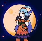  aqua_(konosuba) bag black_gloves blue_hair blush bow bowtie closed_eyes dress excited gloves green_bow green_bowtie green_ribbon hair_ornament hair_rings halloween happy highres kono_subarashii_sekai_ni_shukufuku_wo! light_blush moon night oon orange_dress orange_thighhighs pan_ku8 pumpkin ribbon single_hair_ring smile smiley_face star_(sky) thighhighs 