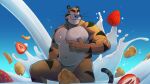  2023 anthro areola biceps black_body black_fur black_stripes blue_nose cereal convenient_censorship countershade_face countershade_torso countershading digital_media_(artwork) eyebrows felid food frosted_flakes fruit fur hi_res kellogg&#039;s male mammal mascot milk musclegut muscular muscular_anthro muscular_male navel nipples nude orange_body orange_fur pantherine pecs pinup plant pose shadow smile solo step_pose strawberry striped_body striped_fur stripes tail teeth tiger tony_the_tiger whiskers white_body white_countershading white_fur yellow_sclera zcdartz 